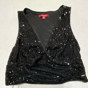 NWOT GUESS Black Sequin Sleeveless V-Neck Crop Top – Size M Glam Sparkly